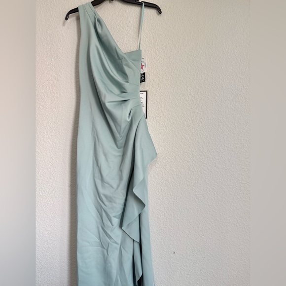 "Flo" Long Techno Scuba One Shoulder Ruffle Dress Elegant Light Blue XSCAPE - Picture 4 of 11